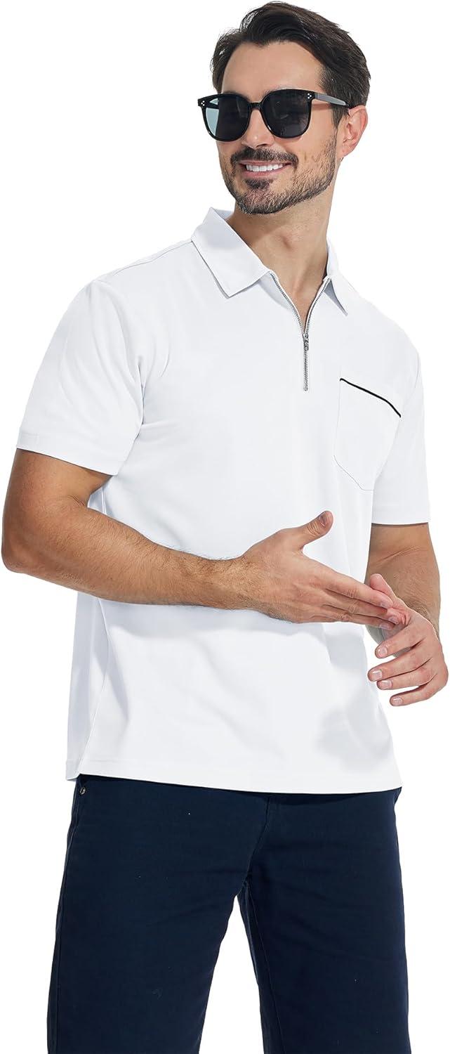 imageZITY Mens Polo Shirts Quarter Zip Shirts Casual Classic Lightweight Short Sleeve Golf Collared Shirt with PocketWhite