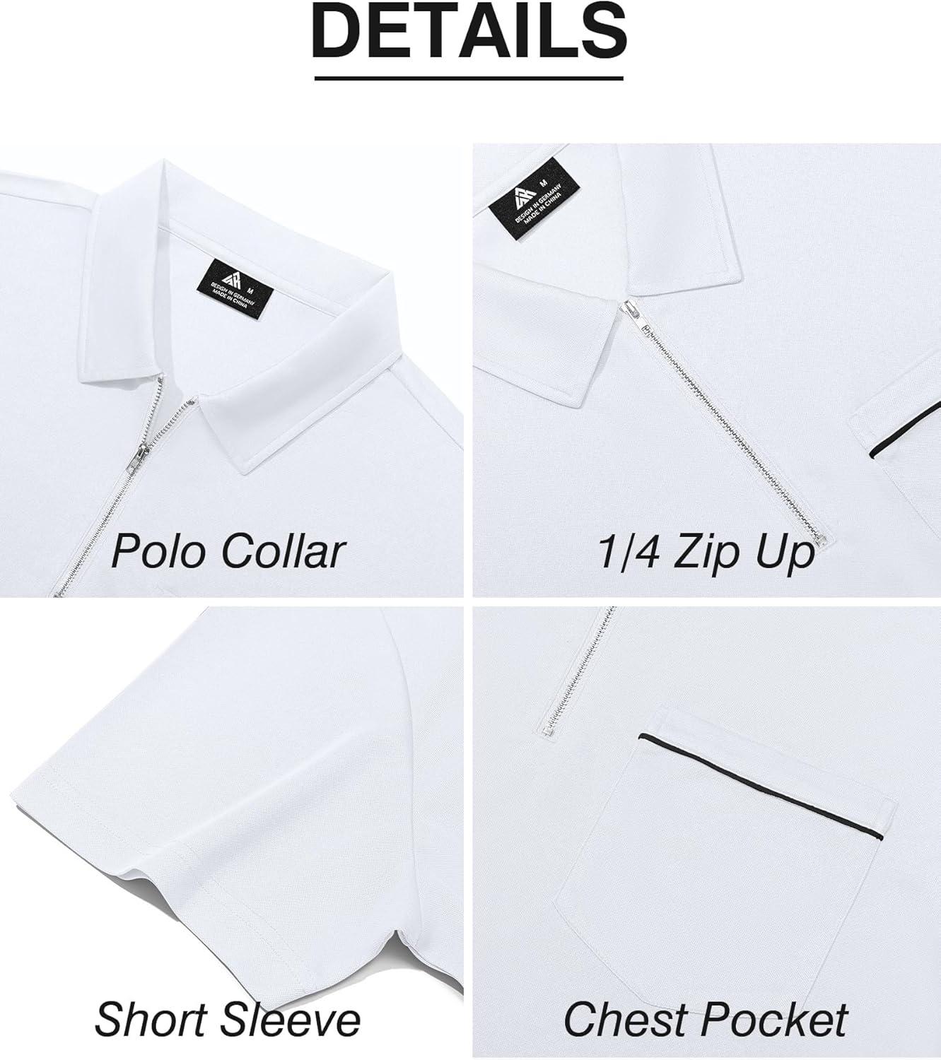 imageZITY Mens Polo Shirts Quarter Zip Shirts Casual Classic Lightweight Short Sleeve Golf Collared Shirt with PocketWhite