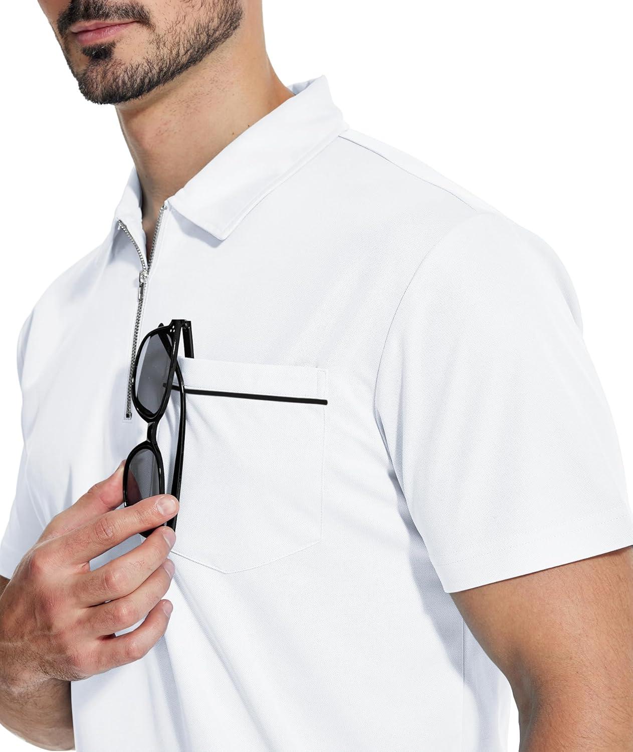 imageZITY Mens Polo Shirts Quarter Zip Shirts Casual Classic Lightweight Short Sleeve Golf Collared Shirt with PocketWhite
