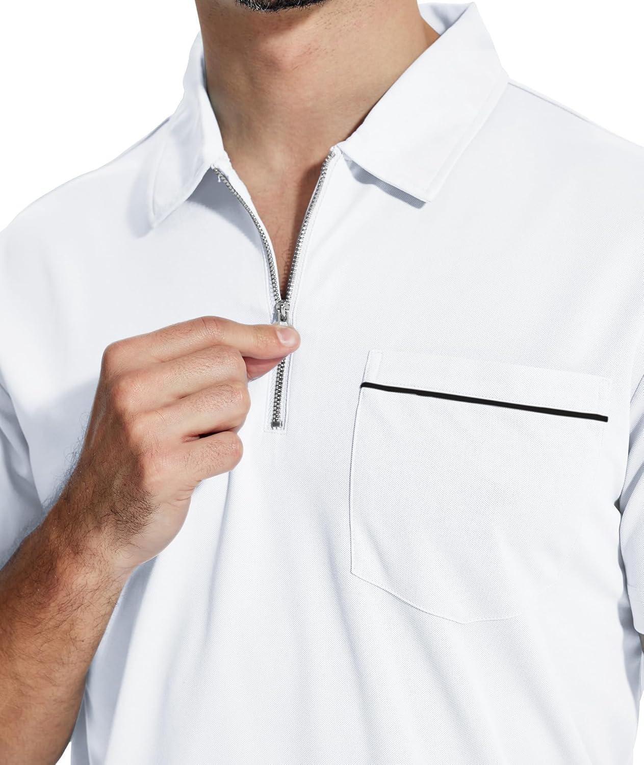 imageZITY Mens Polo Shirts Quarter Zip Shirts Casual Classic Lightweight Short Sleeve Golf Collared Shirt with PocketWhite