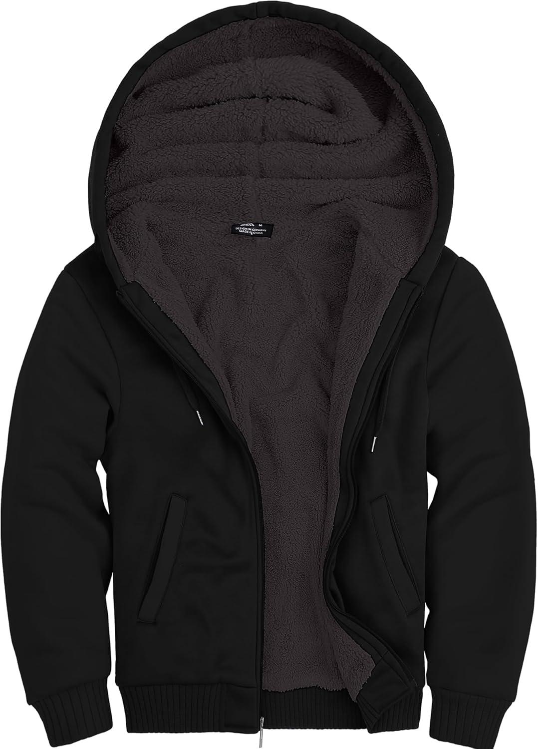 imageZITY Mens Zip Up Hoodie Heavyweight Winter Sweatshirt Fleece Sherpa Lined Warm JacketBlack