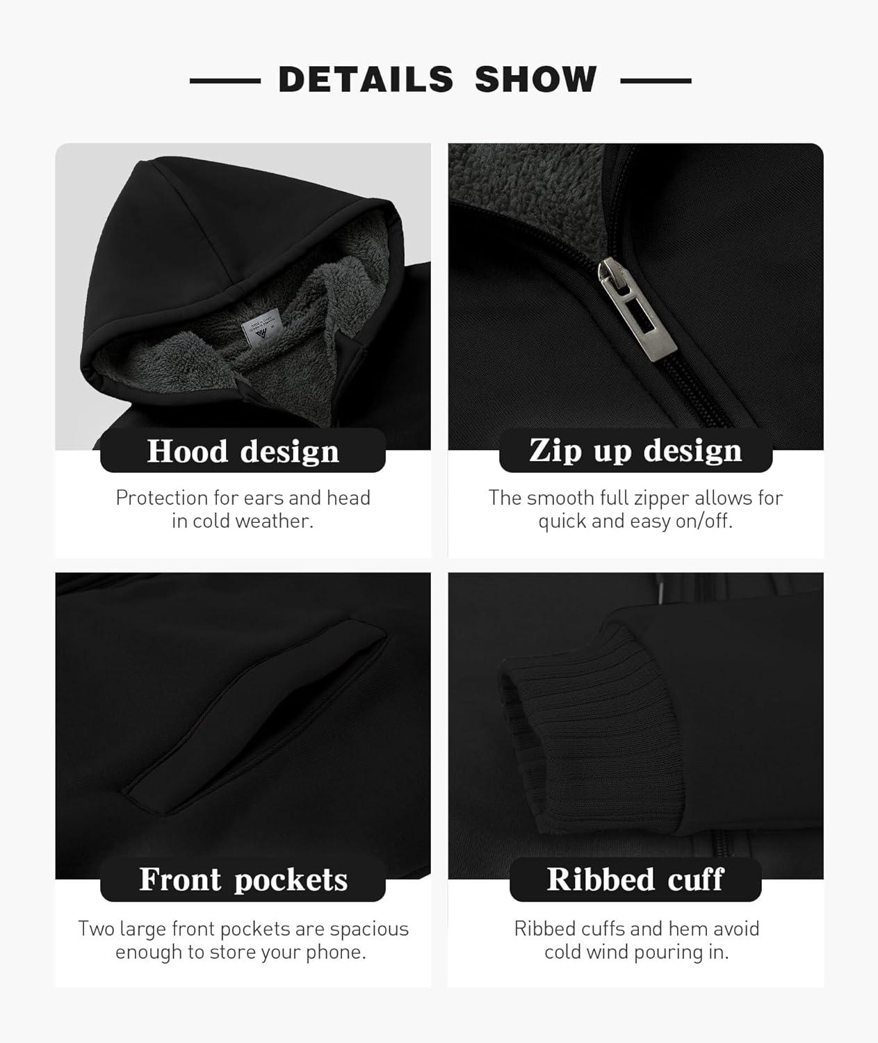 imageZITY Mens Zip Up Hoodie Heavyweight Winter Sweatshirt Fleece Sherpa Lined Warm JacketBlack