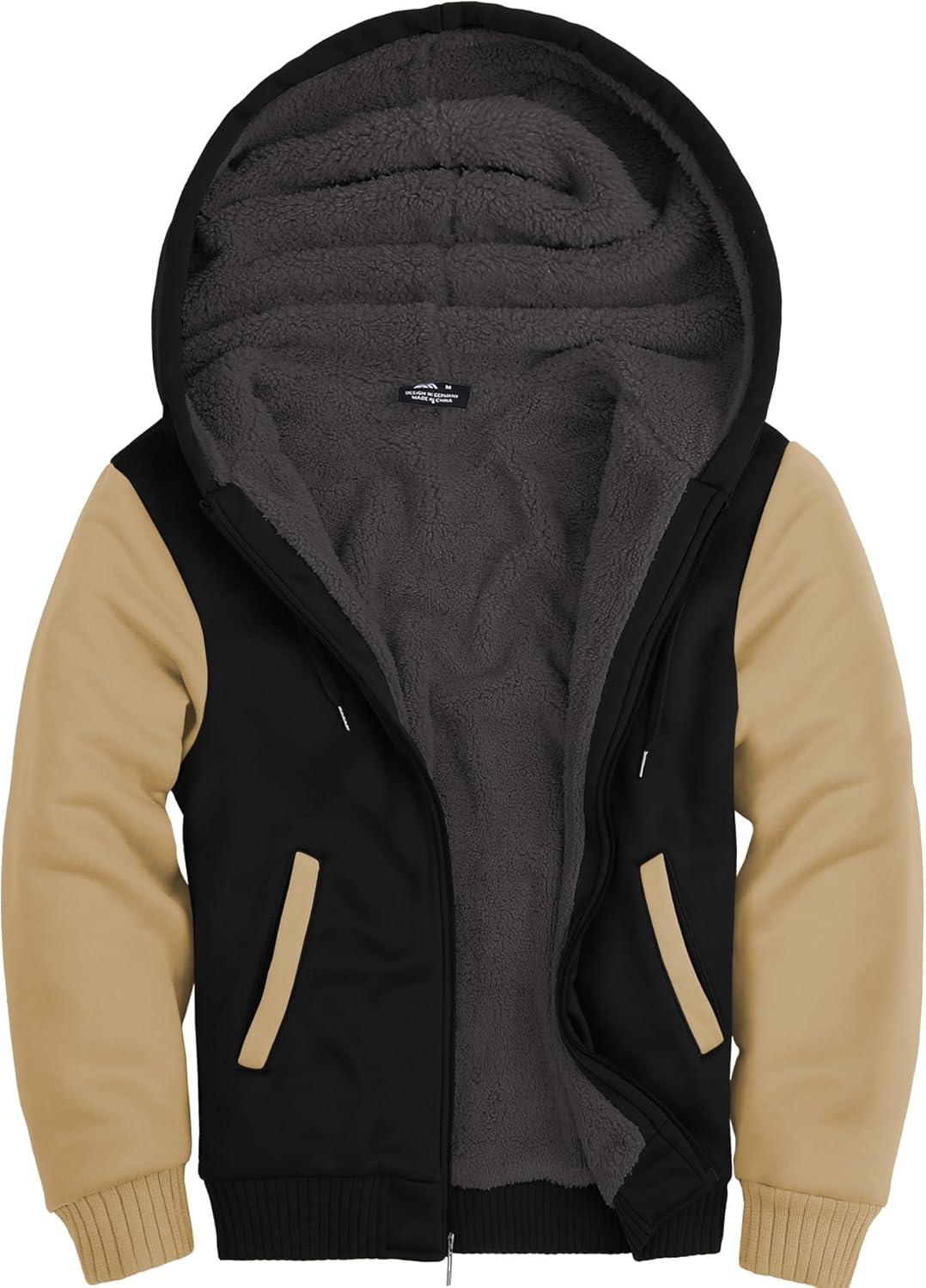 imageZITY Mens Zip Up Hoodie Heavyweight Winter Sweatshirt Fleece Sherpa Lined Warm JacketBlackCamel