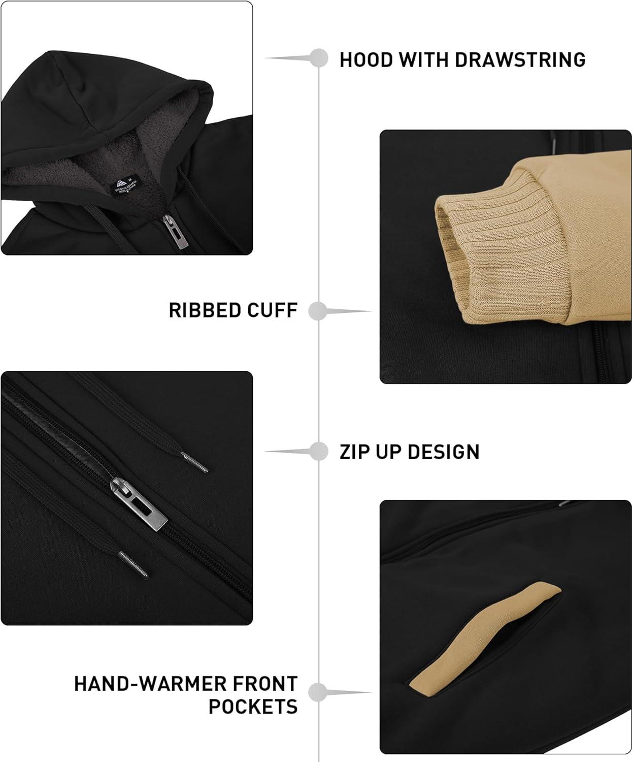 imageZITY Mens Zip Up Hoodie Heavyweight Winter Sweatshirt Fleece Sherpa Lined Warm JacketBlackCamel