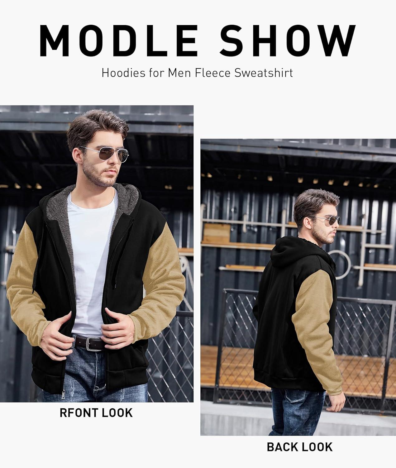imageZITY Mens Zip Up Hoodie Heavyweight Winter Sweatshirt Fleece Sherpa Lined Warm JacketBlackCamel