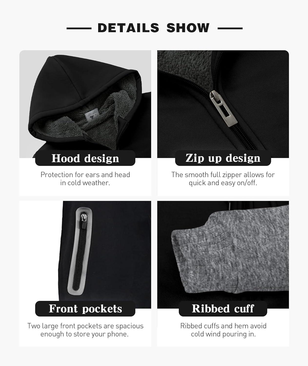 imageZITY Mens Zip Up Hoodie Heavyweight Winter Sweatshirt Fleece Sherpa Lined Warm JacketBlackDark Gray