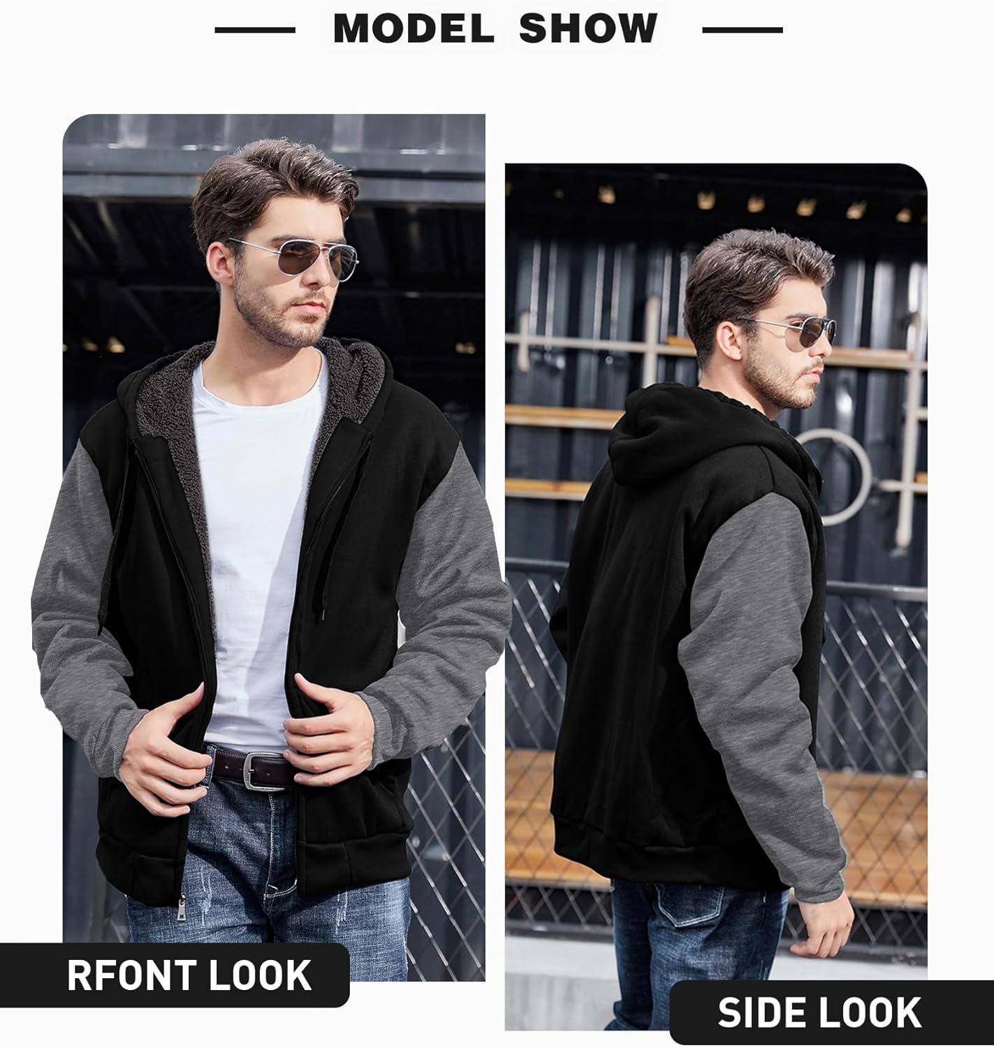 imageZITY Mens Zip Up Hoodie Heavyweight Winter Sweatshirt Fleece Sherpa Lined Warm JacketBlackDark Gray
