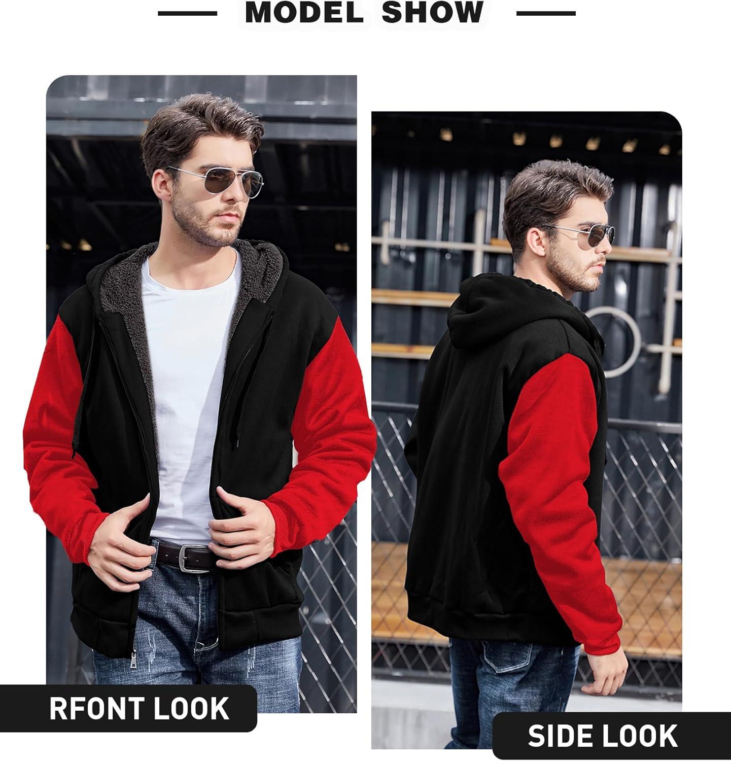 imageZITY Mens Zip Up Hoodie Heavyweight Winter Sweatshirt Fleece Sherpa Lined Warm JacketBlackRed