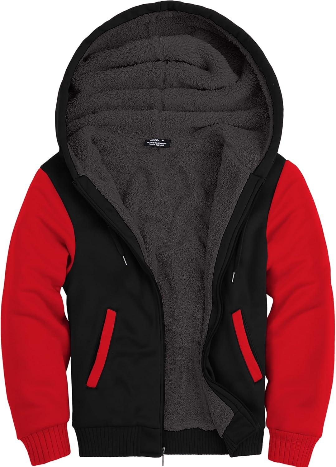 imageZITY Mens Zip Up Hoodie Heavyweight Winter Sweatshirt Fleece Sherpa Lined Warm JacketBlackRed
