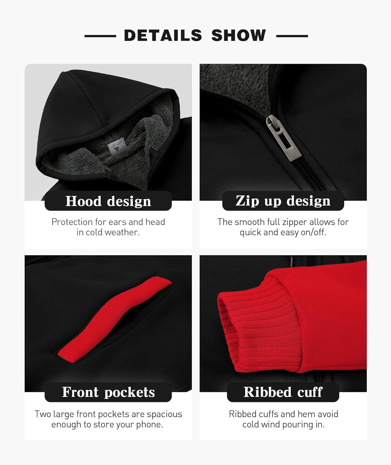 imageZITY Mens Zip Up Hoodie Heavyweight Winter Sweatshirt Fleece Sherpa Lined Warm JacketBlackRed