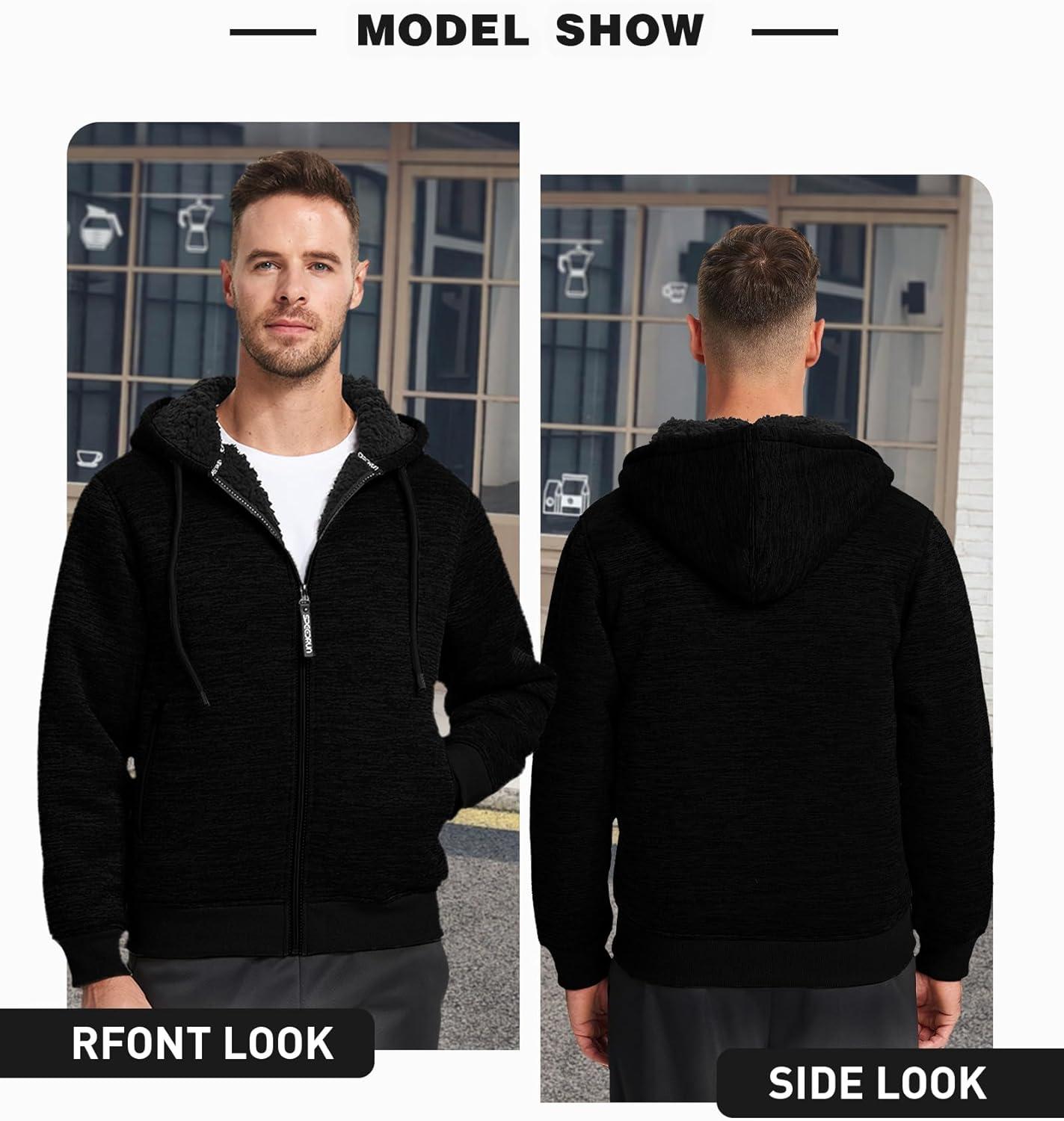 imageZITY Mens Zip Up Hoodie Heavyweight Winter Sweatshirt Fleece Sherpa Lined Warm JacketCharcoal Black
