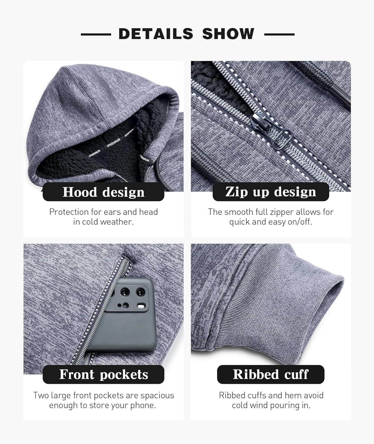 imageZITY Mens Zip Up Hoodie Heavyweight Winter Sweatshirt Fleece Sherpa Lined Warm JacketCharcoal Heather Grey