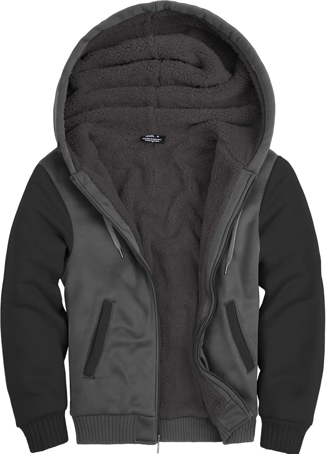 imageZITY Mens Zip Up Hoodie Heavyweight Winter Sweatshirt Fleece Sherpa Lined Warm JacketDark GrayBlack