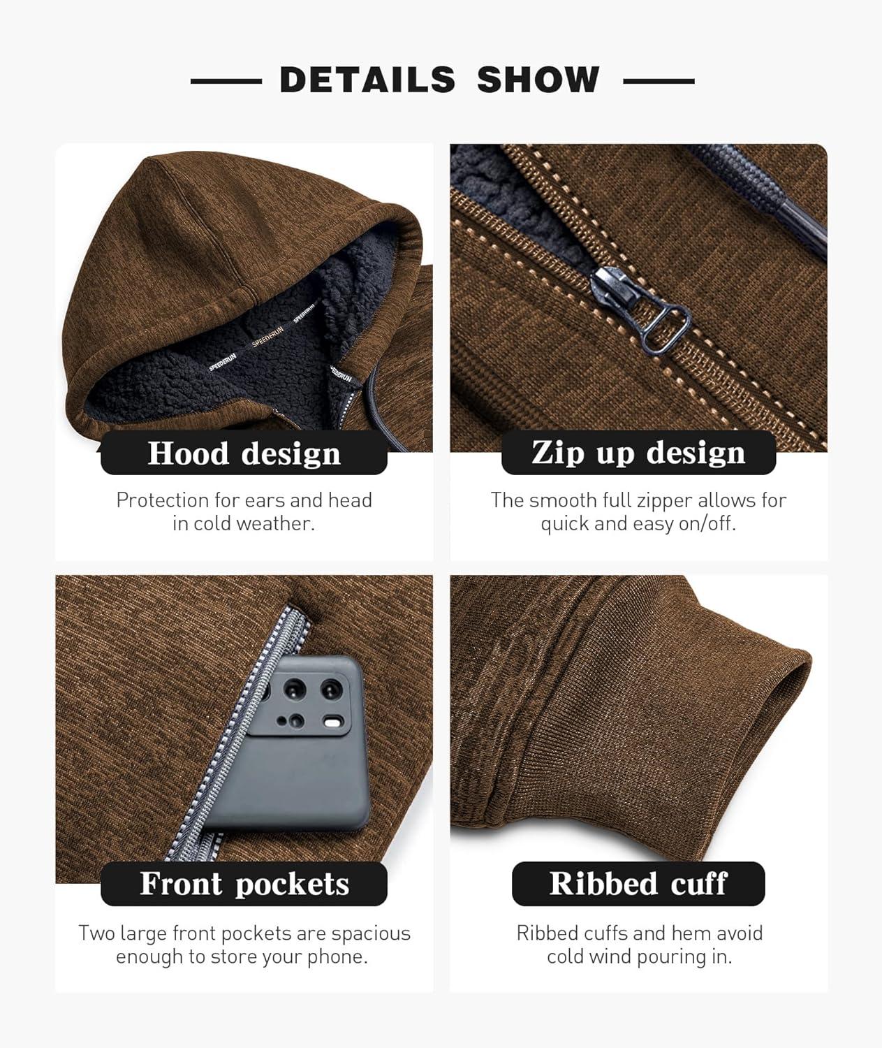imageZITY Mens Zip Up Hoodie Heavyweight Winter Sweatshirt Fleece Sherpa Lined Warm JacketH Brown