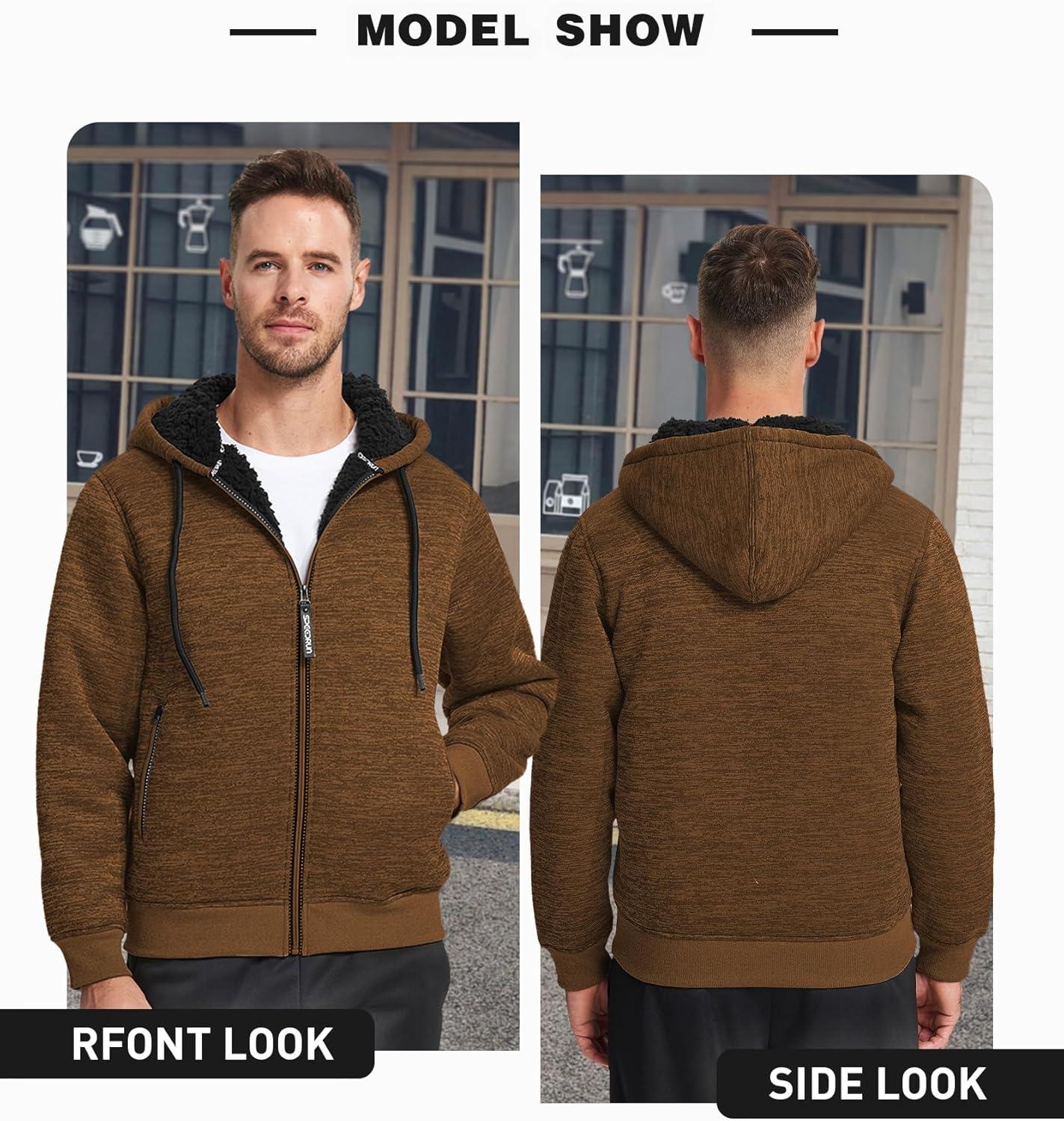 imageZITY Mens Zip Up Hoodie Heavyweight Winter Sweatshirt Fleece Sherpa Lined Warm JacketH Brown