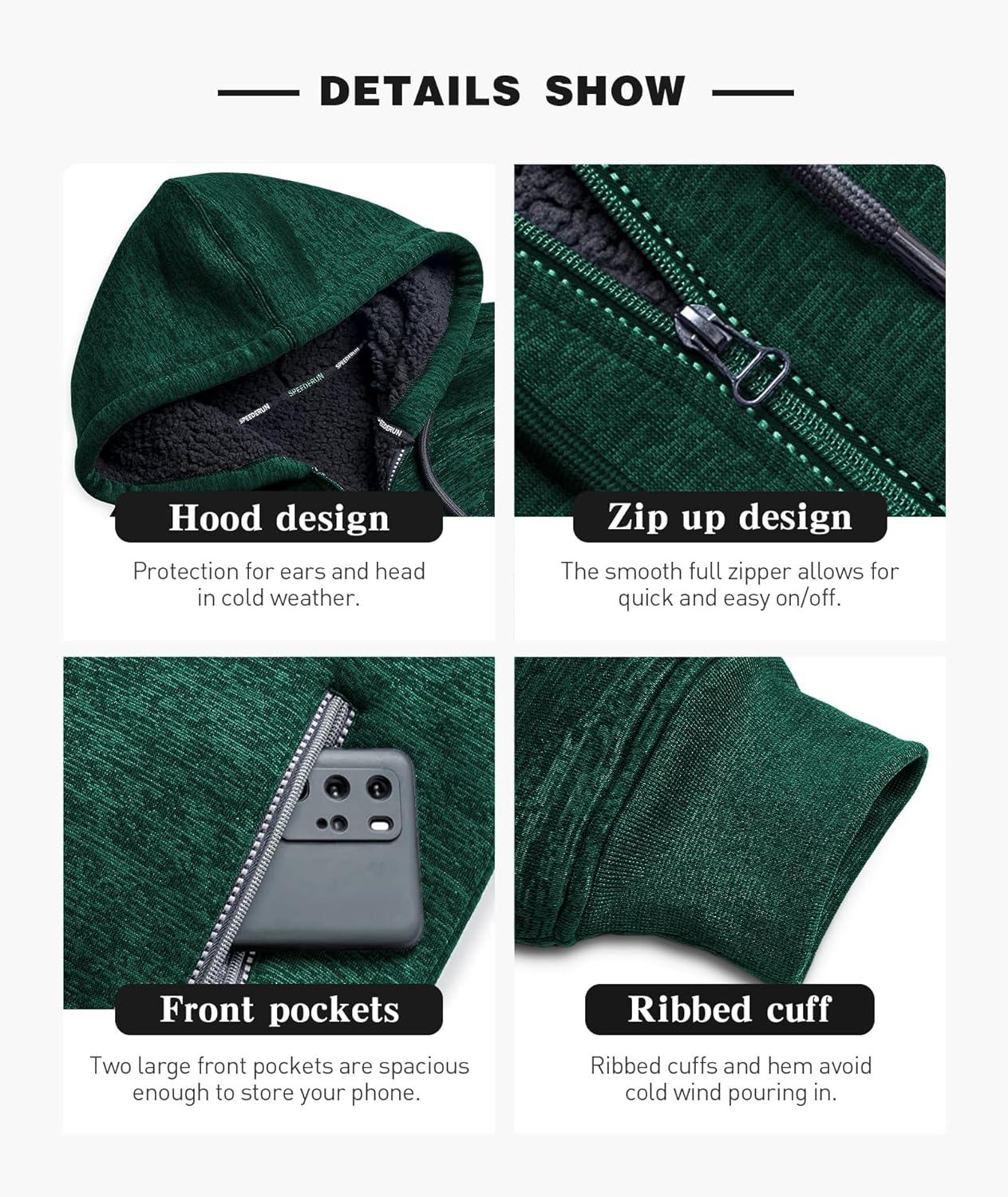 imageZITY Mens Zip Up Hoodie Heavyweight Winter Sweatshirt Fleece Sherpa Lined Warm JacketH Green