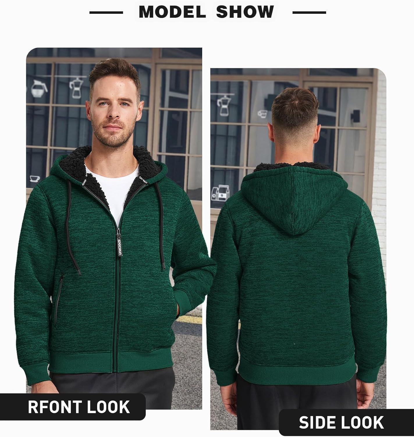 imageZITY Mens Zip Up Hoodie Heavyweight Winter Sweatshirt Fleece Sherpa Lined Warm JacketH Green