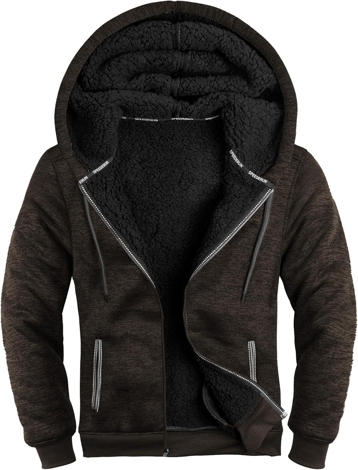 imageZITY Mens Zip Up Hoodie Heavyweight Winter Sweatshirt Fleece Sherpa Lined Warm JacketHeather Darkbrown
