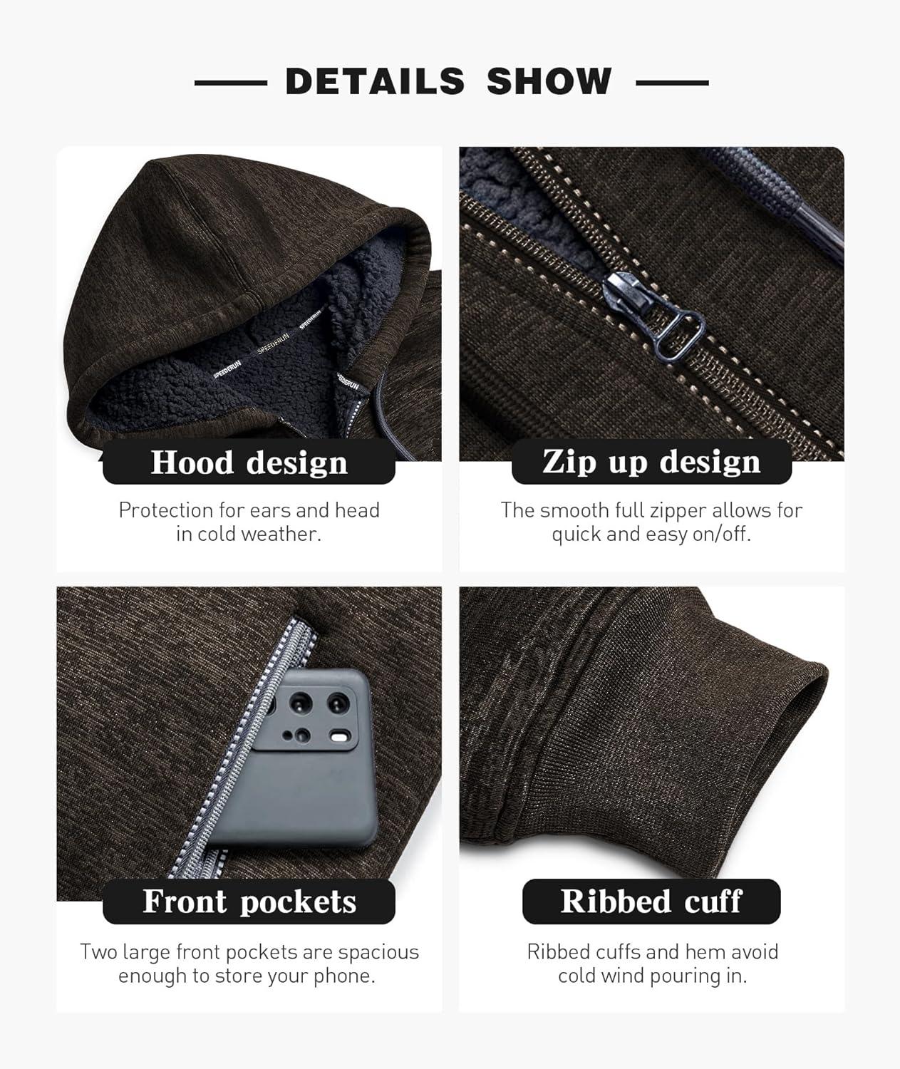 imageZITY Mens Zip Up Hoodie Heavyweight Winter Sweatshirt Fleece Sherpa Lined Warm JacketHeather Darkbrown