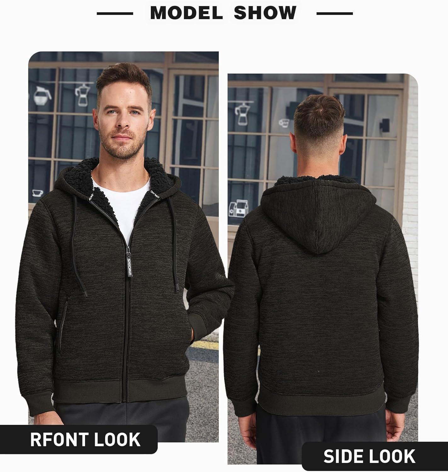 imageZITY Mens Zip Up Hoodie Heavyweight Winter Sweatshirt Fleece Sherpa Lined Warm JacketHeather Darkbrown
