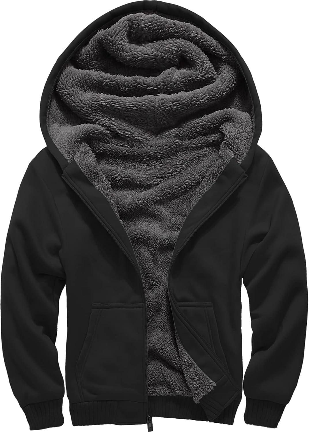 imageZITY Mens Zip Up Hoodie Heavyweight Winter Sweatshirt Fleece Sherpa Lined Warm JacketJet Black