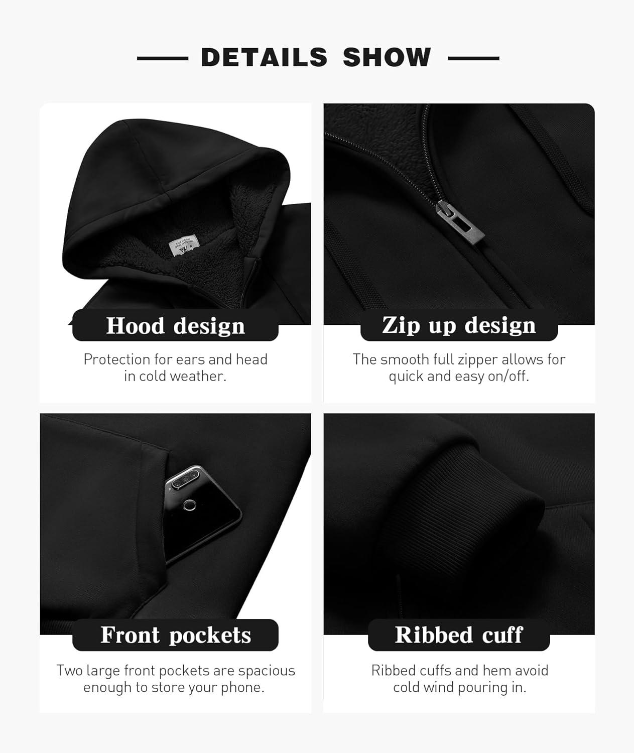 imageZITY Mens Zip Up Hoodie Heavyweight Winter Sweatshirt Fleece Sherpa Lined Warm JacketJet Black