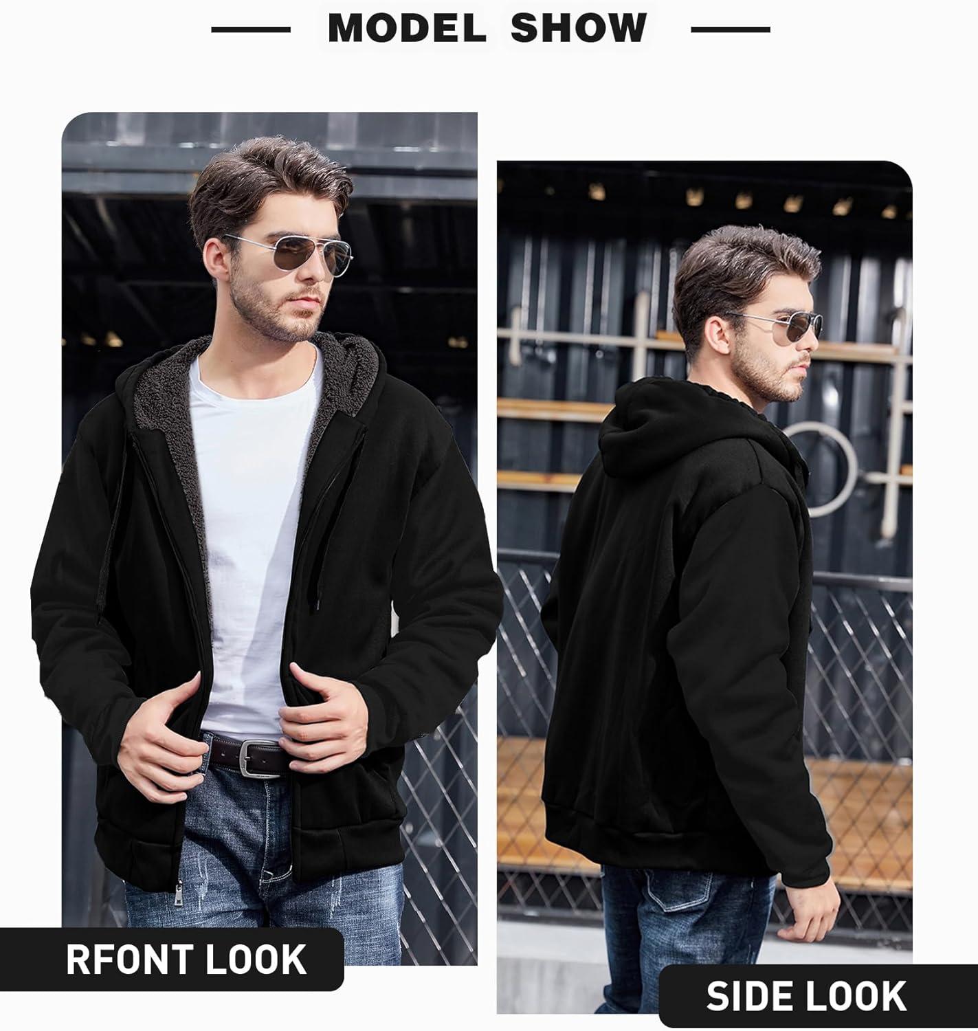 imageZITY Mens Zip Up Hoodie Heavyweight Winter Sweatshirt Fleece Sherpa Lined Warm JacketJet Black