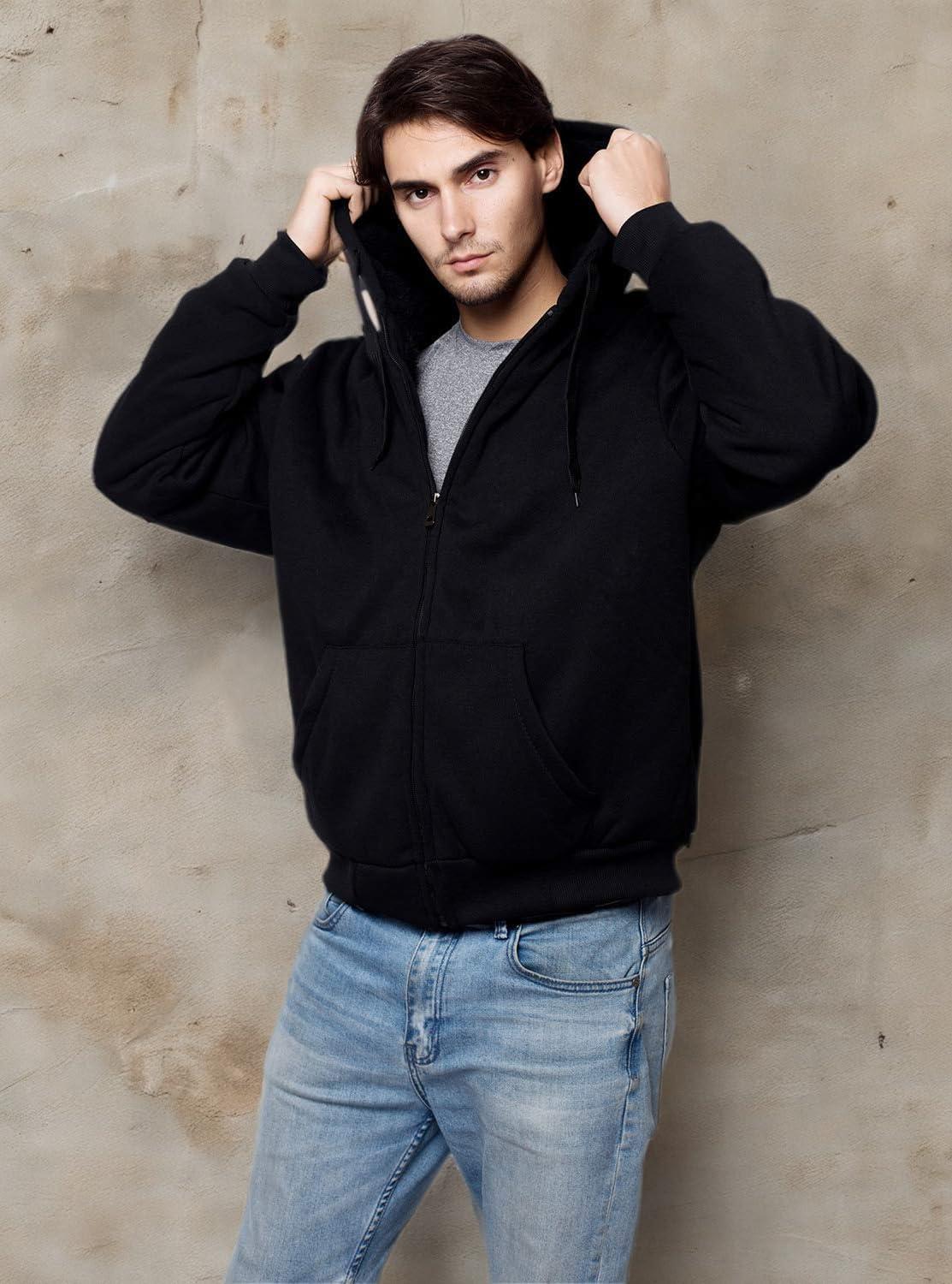 imageZITY Mens Zip Up Hoodie Heavyweight Winter Sweatshirt Fleece Sherpa Lined Warm JacketJet Black