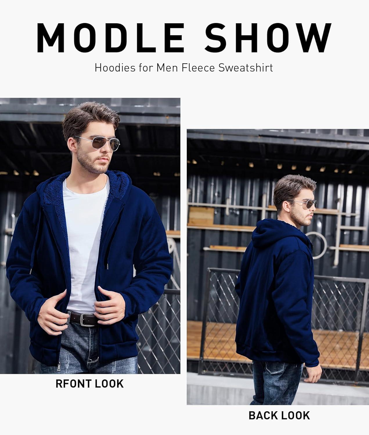 imageZITY Mens Zip Up Hoodie Heavyweight Winter Sweatshirt Fleece Sherpa Lined Warm JacketJet Bule