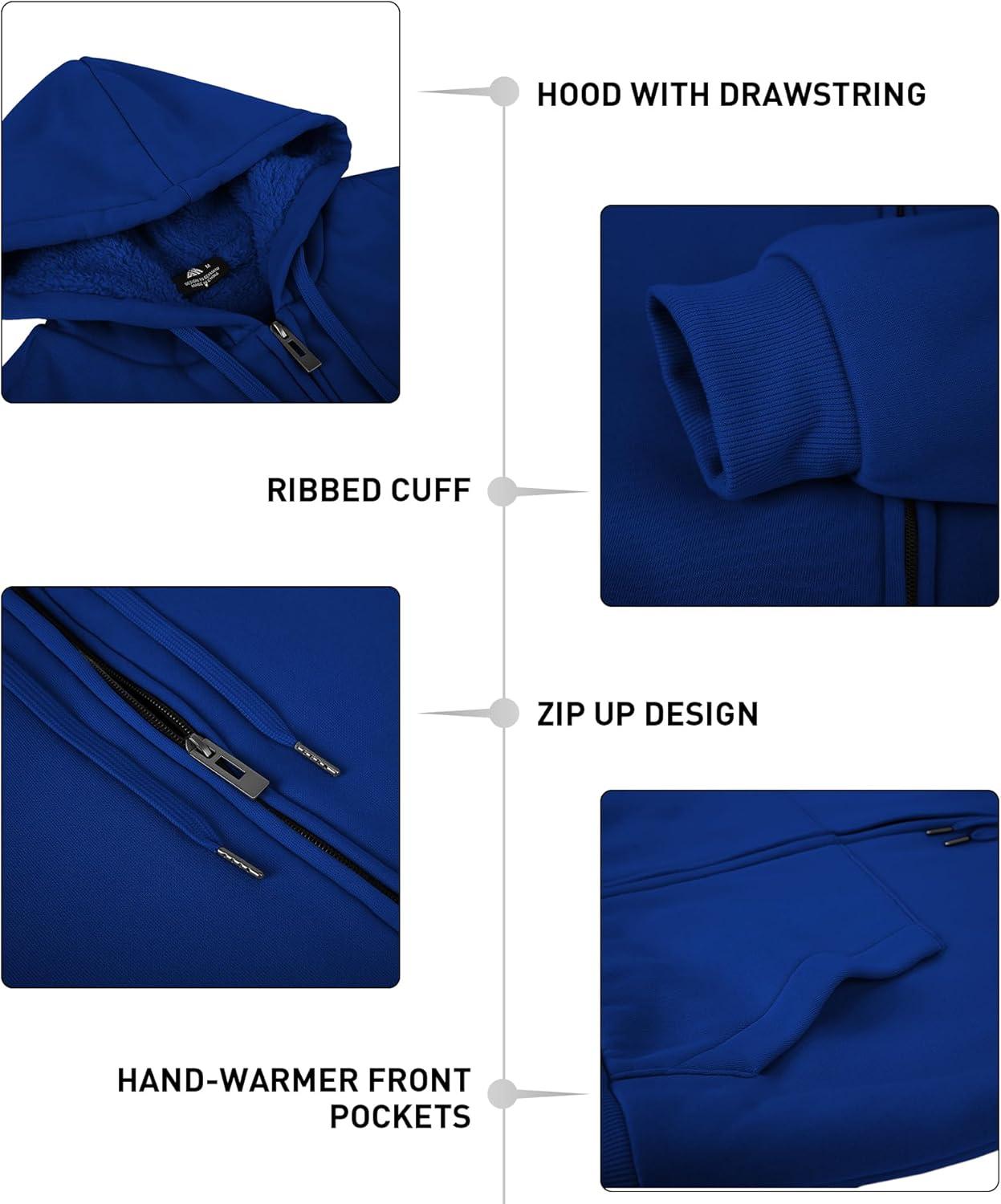 imageZITY Mens Zip Up Hoodie Heavyweight Winter Sweatshirt Fleece Sherpa Lined Warm JacketJet Bule