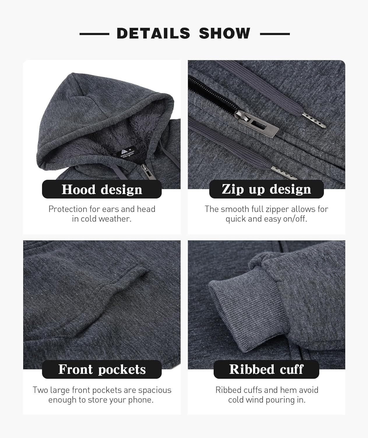 imageZITY Mens Zip Up Hoodie Heavyweight Winter Sweatshirt Fleece Sherpa Lined Warm JacketJet Dark Grey