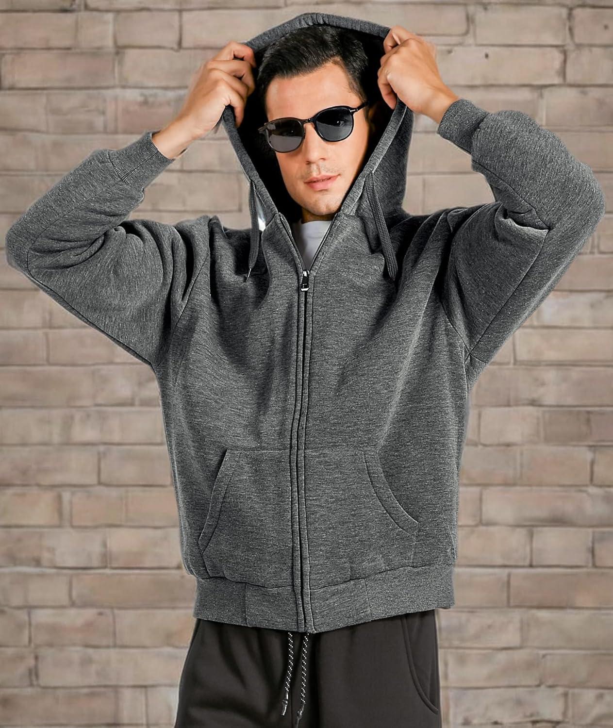 imageZITY Mens Zip Up Hoodie Heavyweight Winter Sweatshirt Fleece Sherpa Lined Warm JacketJet Dark Grey