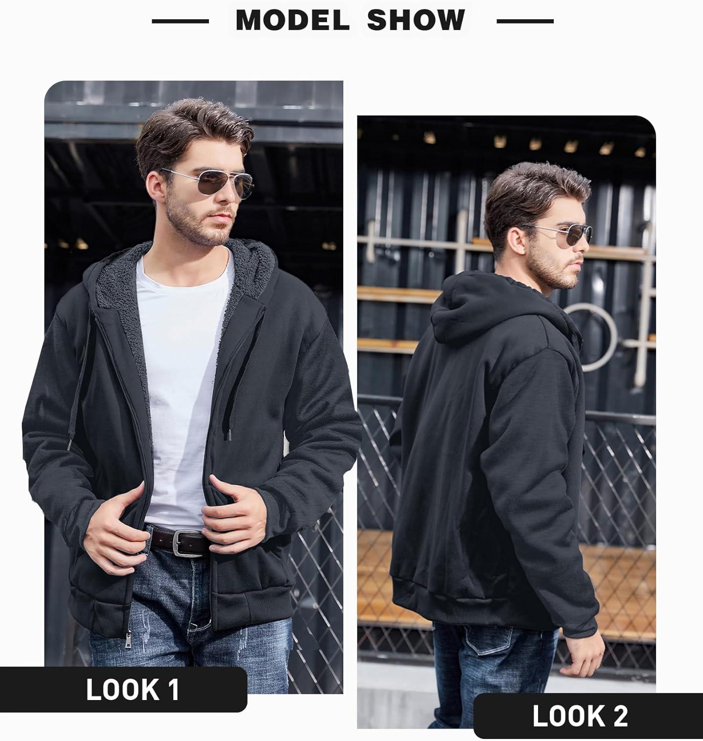imageZITY Mens Zip Up Hoodie Heavyweight Winter Sweatshirt Fleece Sherpa Lined Warm JacketJet Dark Grey