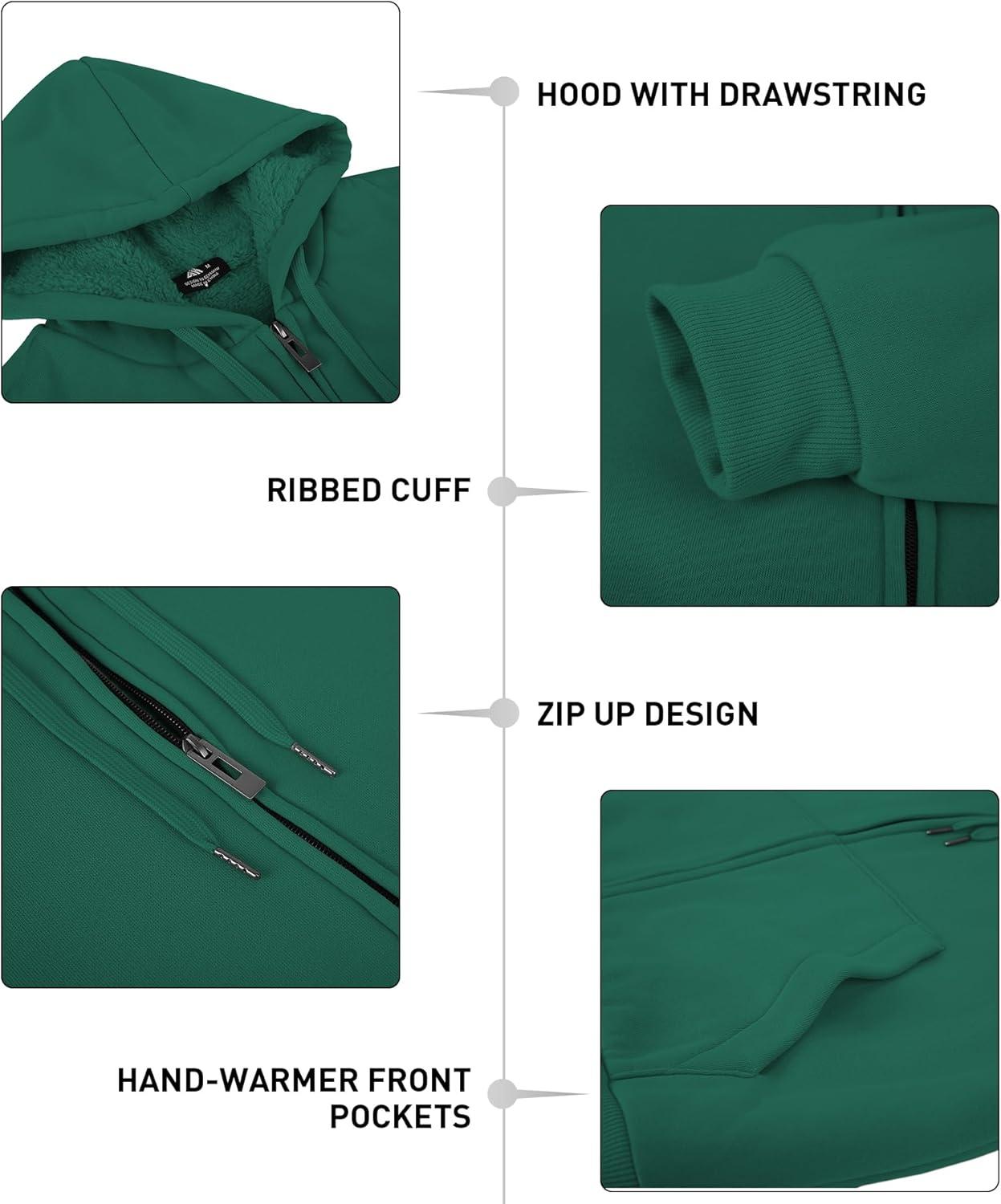 imageZITY Mens Zip Up Hoodie Heavyweight Winter Sweatshirt Fleece Sherpa Lined Warm JacketJet Green