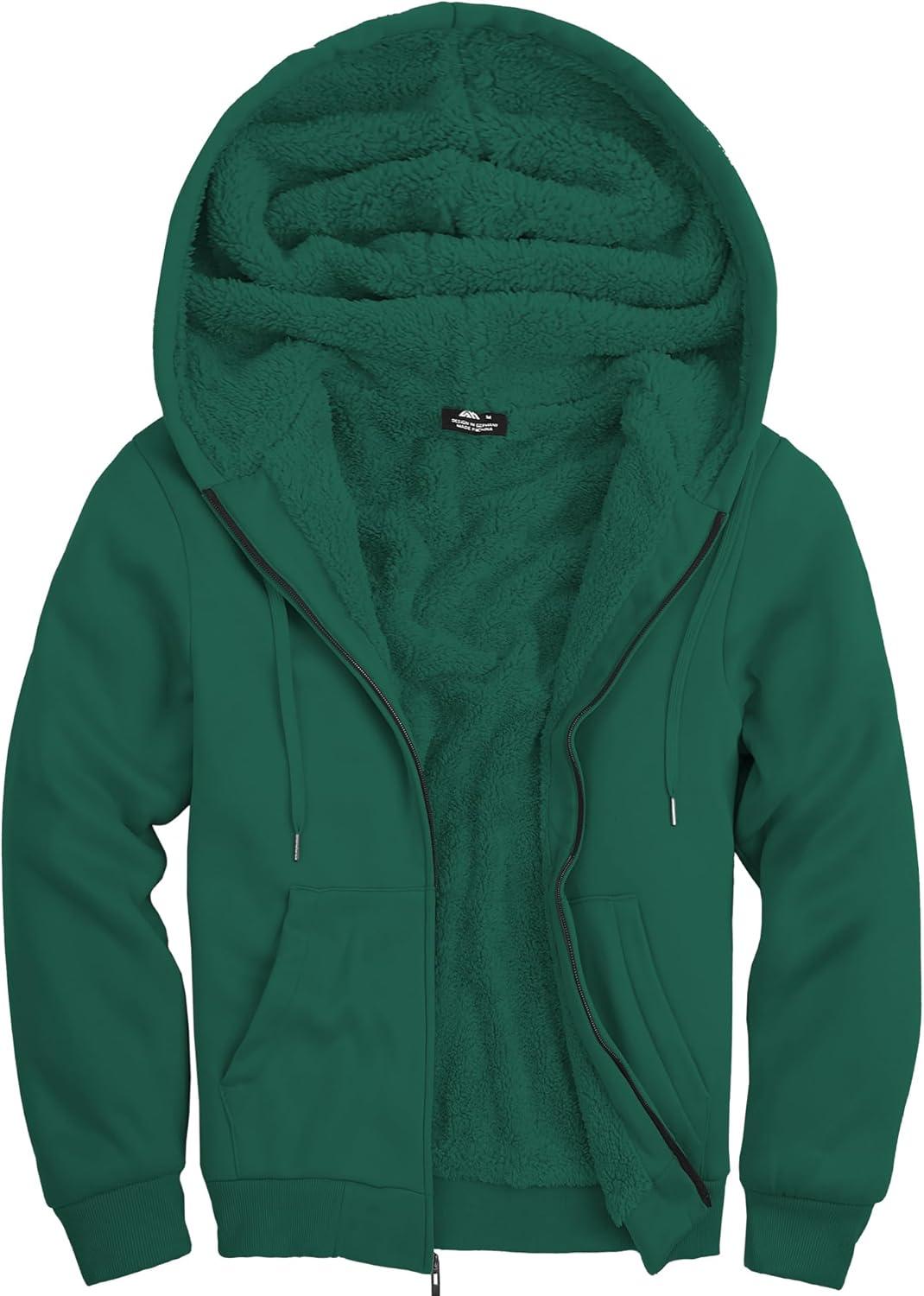 imageZITY Mens Zip Up Hoodie Heavyweight Winter Sweatshirt Fleece Sherpa Lined Warm JacketJet Green