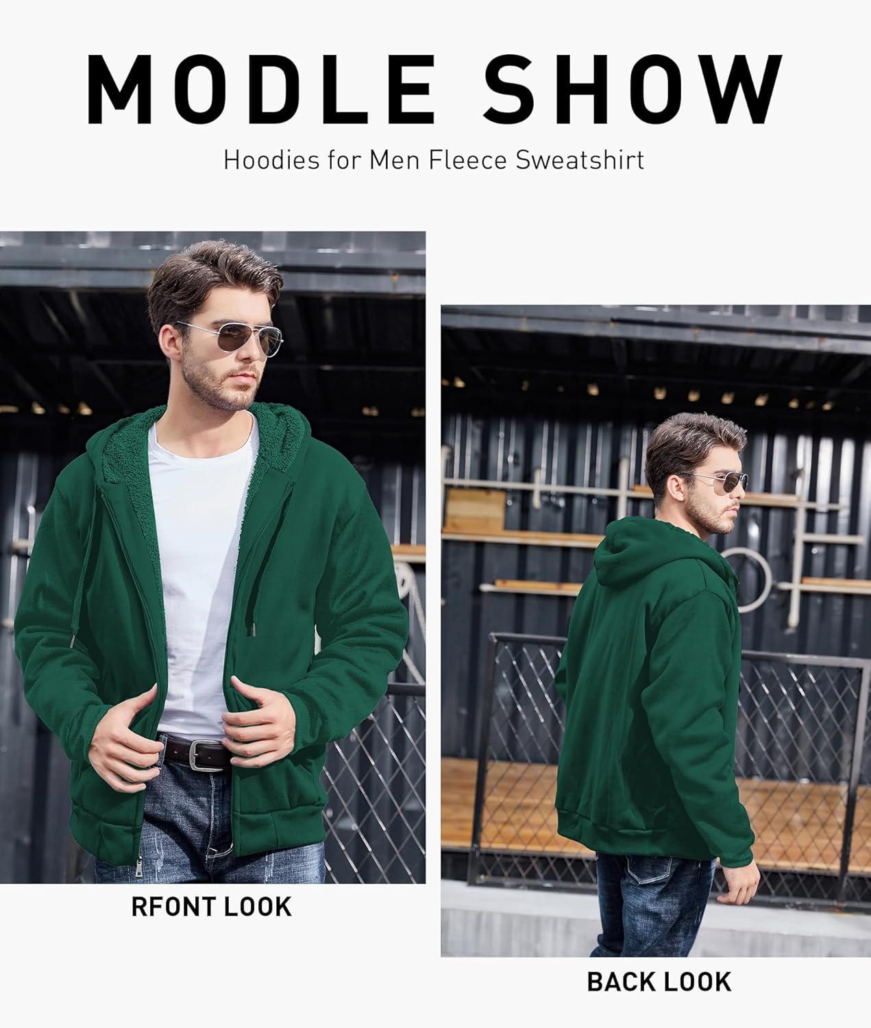 imageZITY Mens Zip Up Hoodie Heavyweight Winter Sweatshirt Fleece Sherpa Lined Warm JacketJet Green