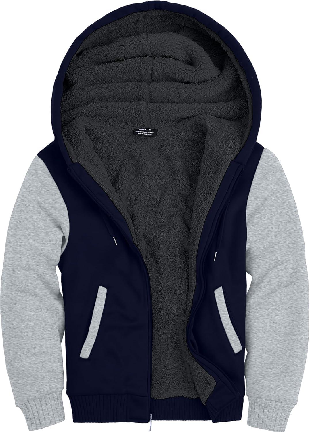imageZITY Mens Zip Up Hoodie Heavyweight Winter Sweatshirt Fleece Sherpa Lined Warm JacketNavyLight Grey