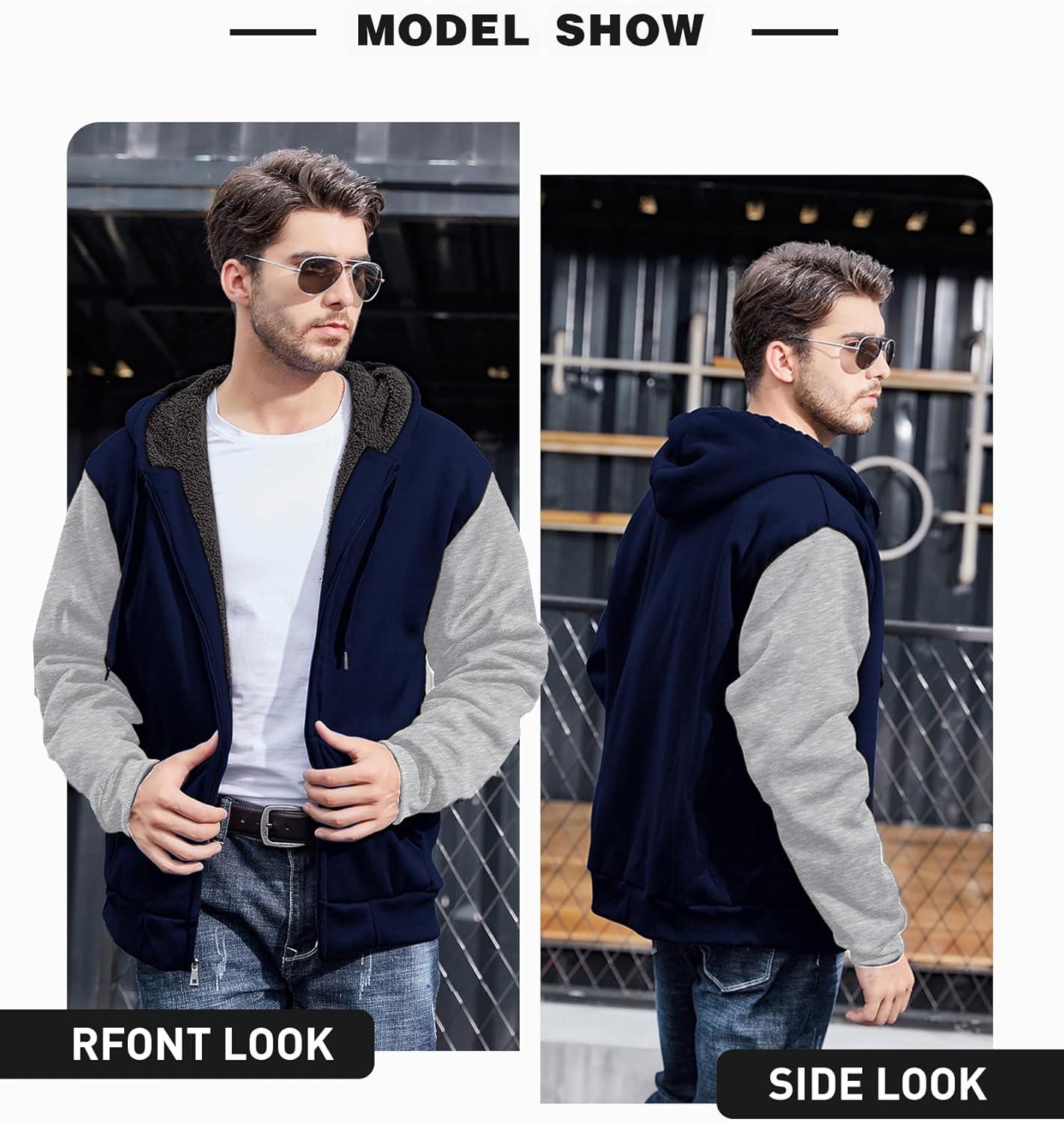 imageZITY Mens Zip Up Hoodie Heavyweight Winter Sweatshirt Fleece Sherpa Lined Warm JacketNavyLight Grey