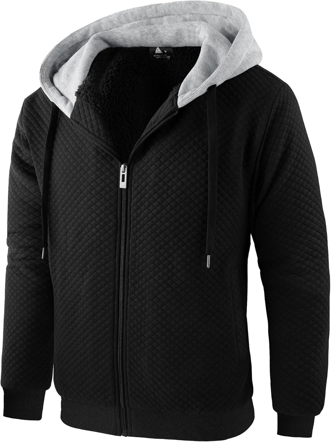 imageZITY Mens Zip Up Hoodie Sherpa Lined Heavyweight Jacket Waffle Knit Fleece Thick Winter Warm SweatshirtBlack