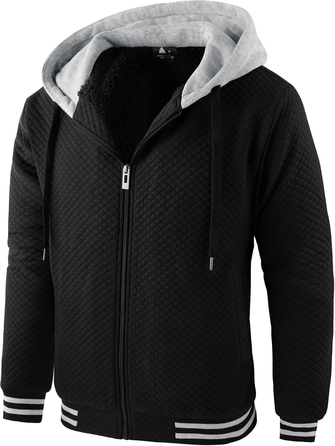 imageZITY Mens Zip Up Hoodie Sherpa Lined Heavyweight Jacket Waffle Knit Fleece Thick Winter Warm SweatshirtBlack1