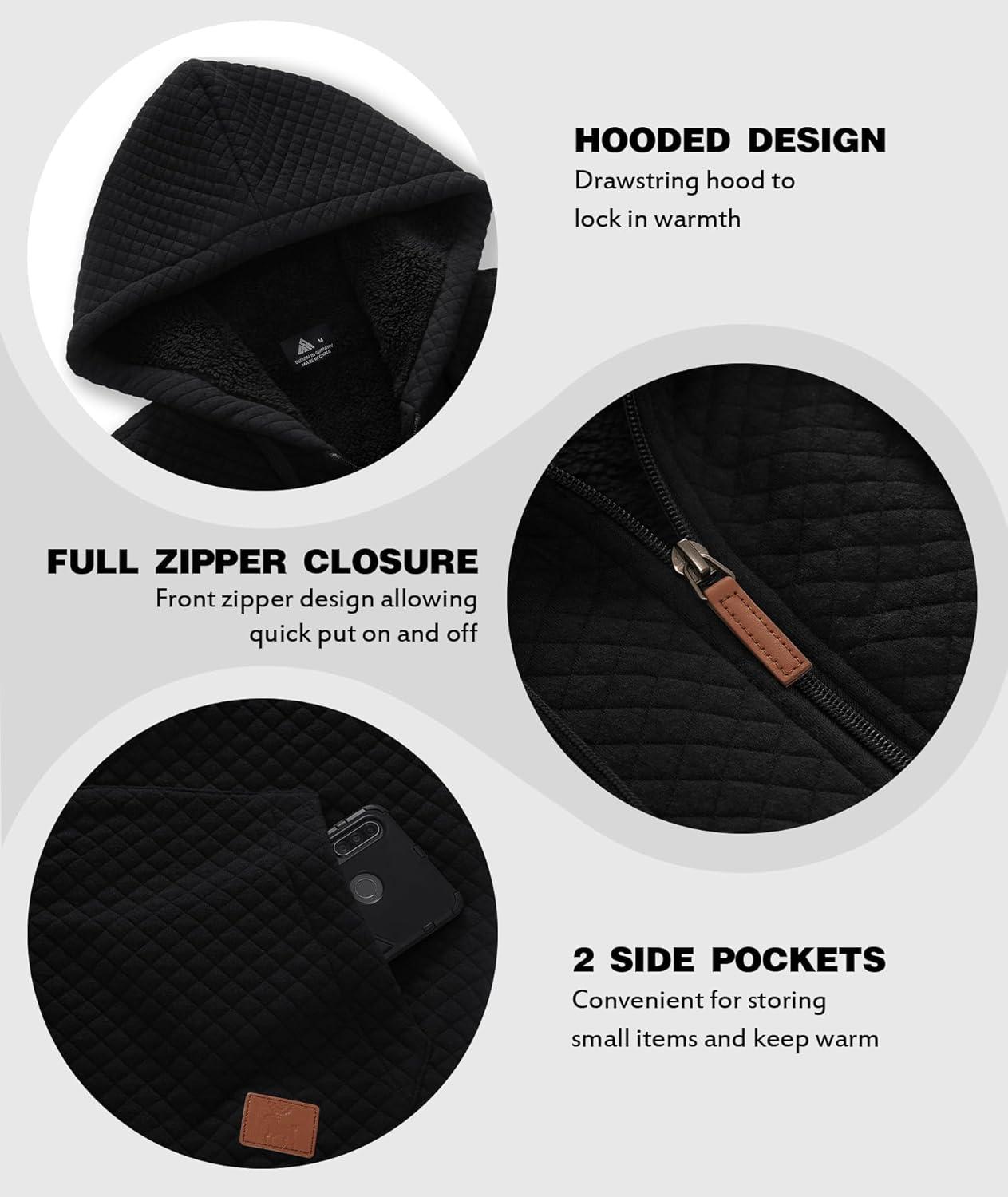 imageZITY Mens Zip Up Hoodie Sherpa Lined Heavyweight Jacket Waffle Knit Fleece Thick Winter Warm SweatshirtCarbon Black