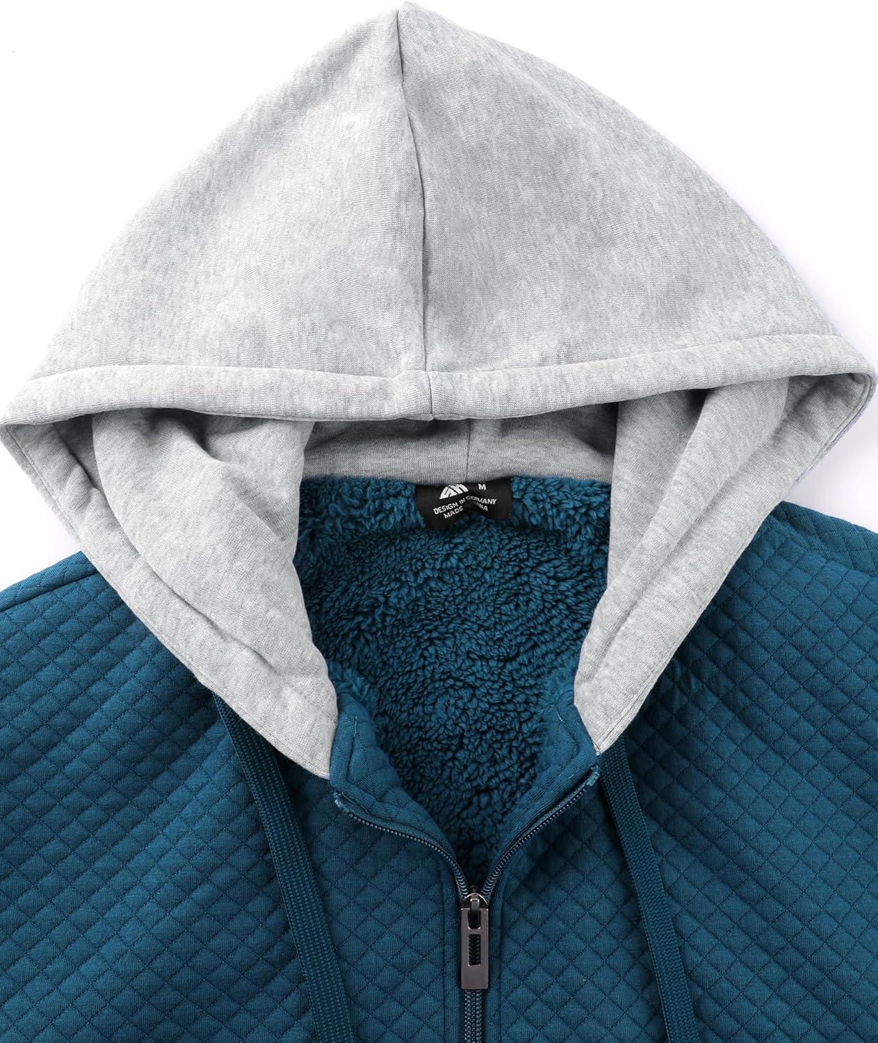 imageZITY Mens Zip Up Hoodie Sherpa Lined Heavyweight Jacket Waffle Knit Fleece Thick Winter Warm SweatshirtDark Teal Blue