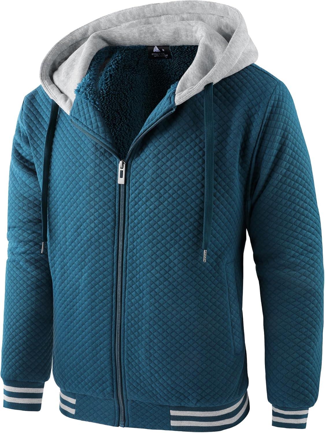 imageZITY Mens Zip Up Hoodie Sherpa Lined Heavyweight Jacket Waffle Knit Fleece Thick Winter Warm SweatshirtDark Teal Blue