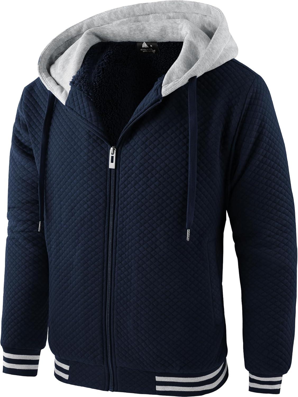 imageZITY Mens Zip Up Hoodie Sherpa Lined Heavyweight Jacket Waffle Knit Fleece Thick Winter Warm SweatshirtNavy Blue