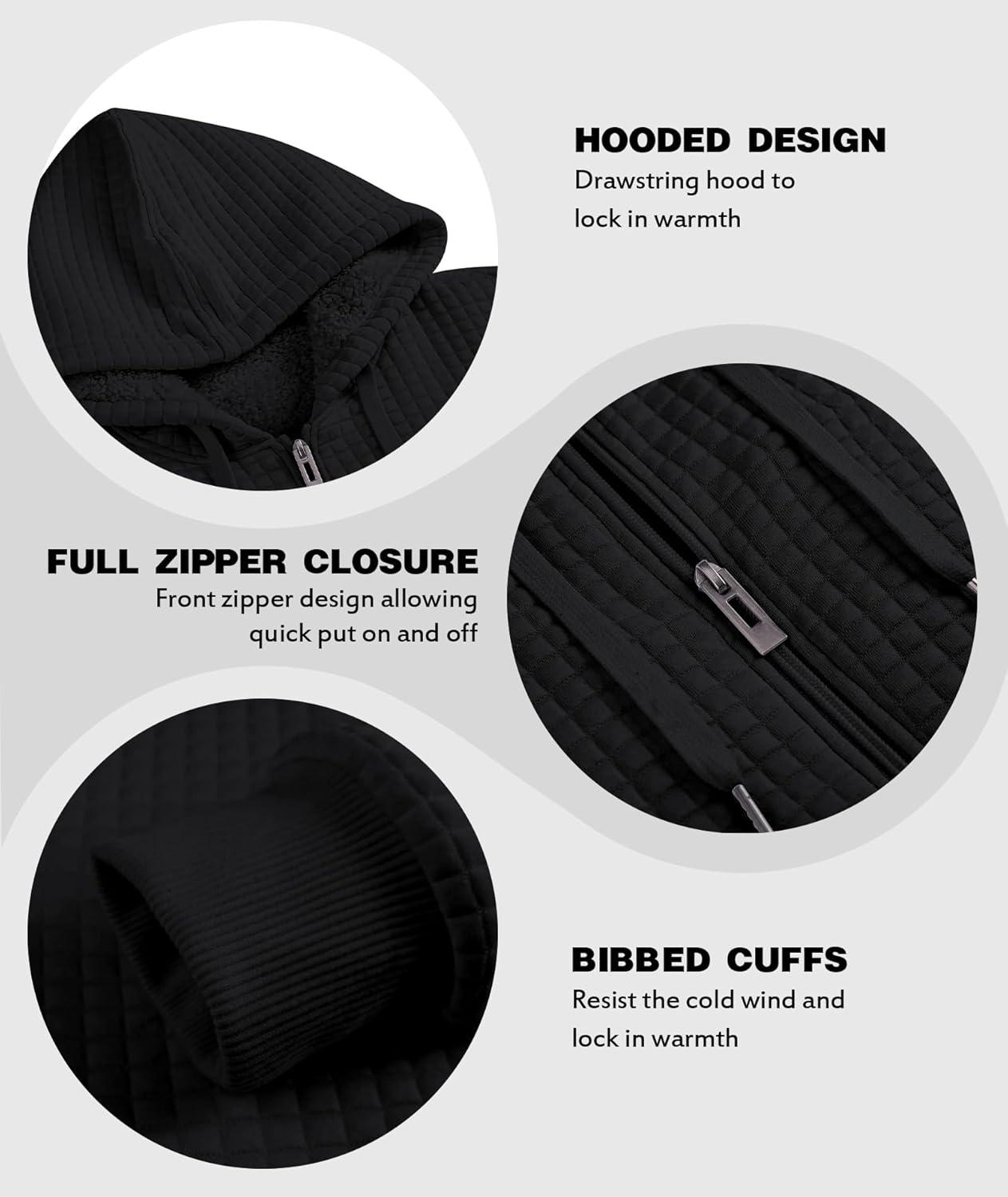 imageZITY Mens Zip Up Hoodie Sherpa Lined Heavyweight Jacket Waffle Knit Fleece Thick Winter Warm SweatshirtPlaid Black