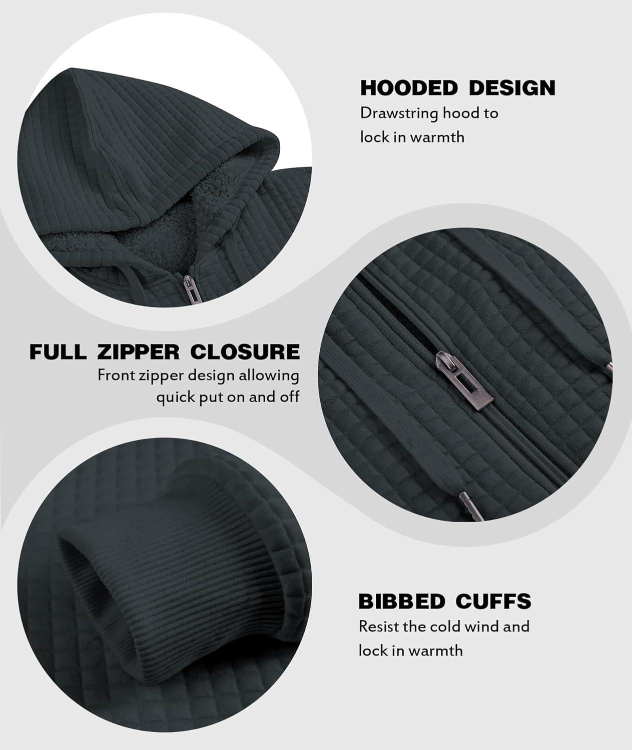 imageZITY Mens Zip Up Hoodie Sherpa Lined Heavyweight Jacket Waffle Knit Fleece Thick Winter Warm SweatshirtPlaid Dark Grey