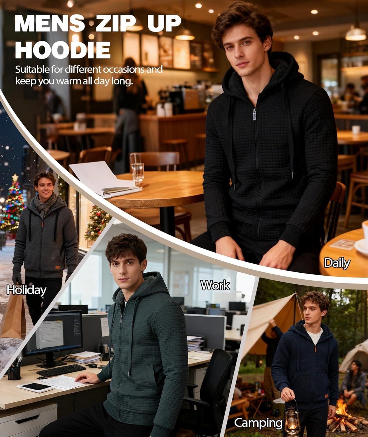 imageZITY Mens Zip Up Hoodie Sherpa Lined Heavyweight Jacket Waffle Knit Fleece Thick Winter Warm SweatshirtPlaid Dark Grey