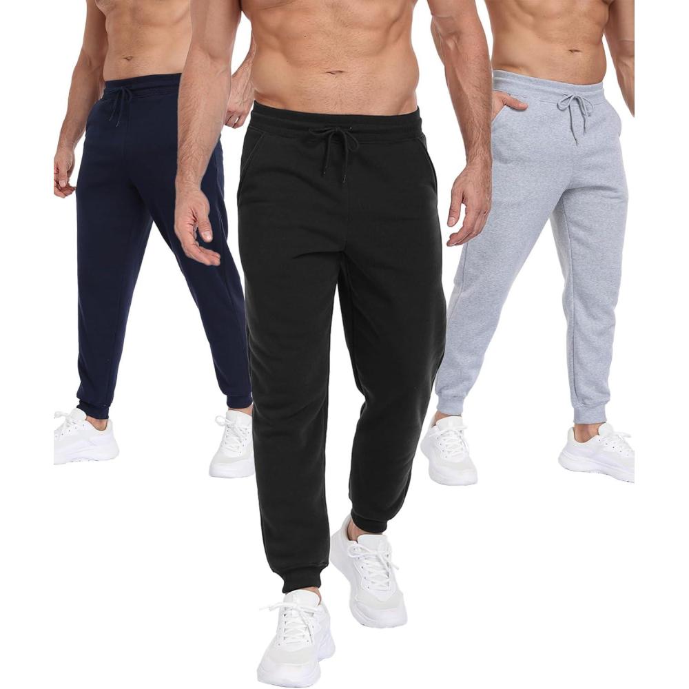 imageZITY 3 Pack Mens Fleece Jogger Sweatpants with Pockets and Drawstring Athletic Active Workout Gym Sweat Pants Running PantsBlacklight Greynavy Blue