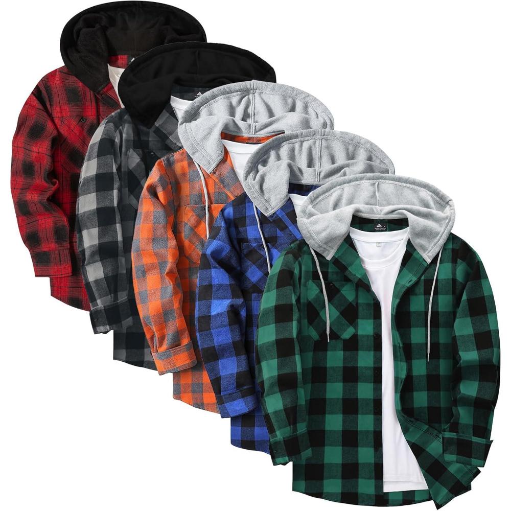 imageZITY 5 Pack Mens Flannel Hoodie Shirts Button Down Long Sleeve Casual Stylish Plaid Hooded Shirt with PocketBlack Gray Blue Green Orange Black Red