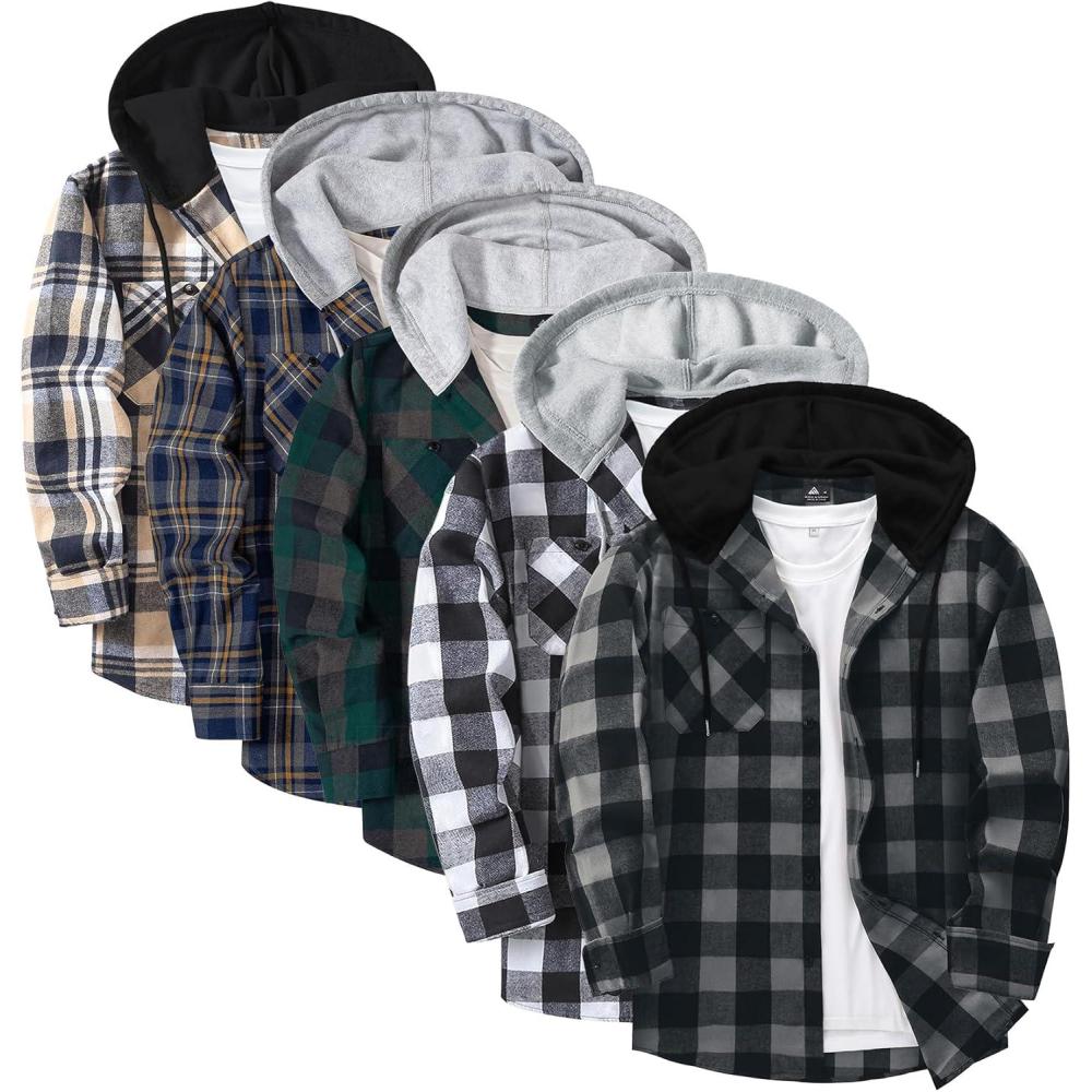 imageZITY 5 Pack Mens Flannel Hoodie Shirts Button Down Long Sleeve Casual Stylish Plaid Hooded Shirt with PocketBlack Gray Green Gray Navy Yellow Dark Blue Beige White Black
